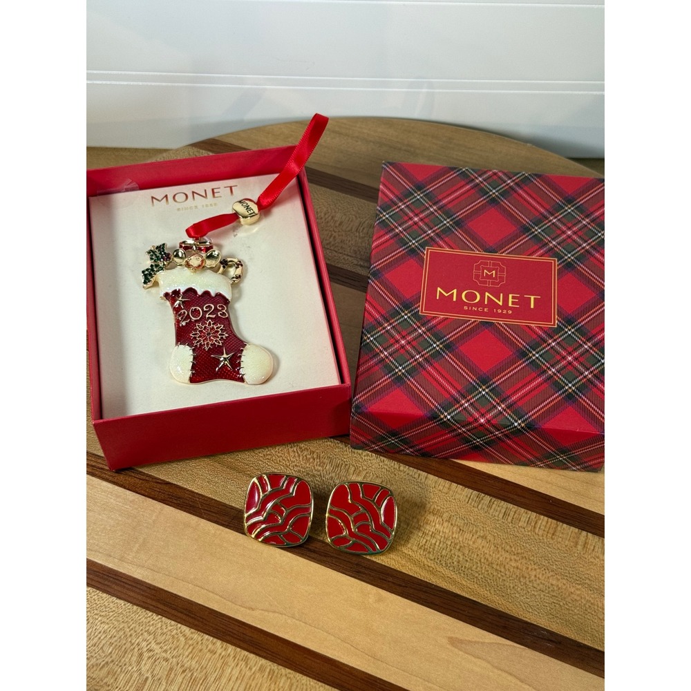 Monet 2023 Christmas Stocking Ornament & Red Square‎ Earrings Set
